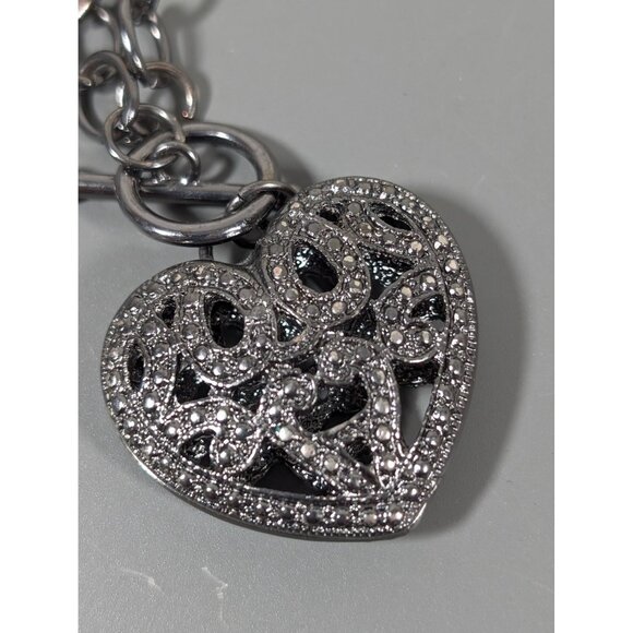 Retro Puffy Heart Open Metal Work Toggle Necklace Gray Metallic 18" - Picture 7 of 8